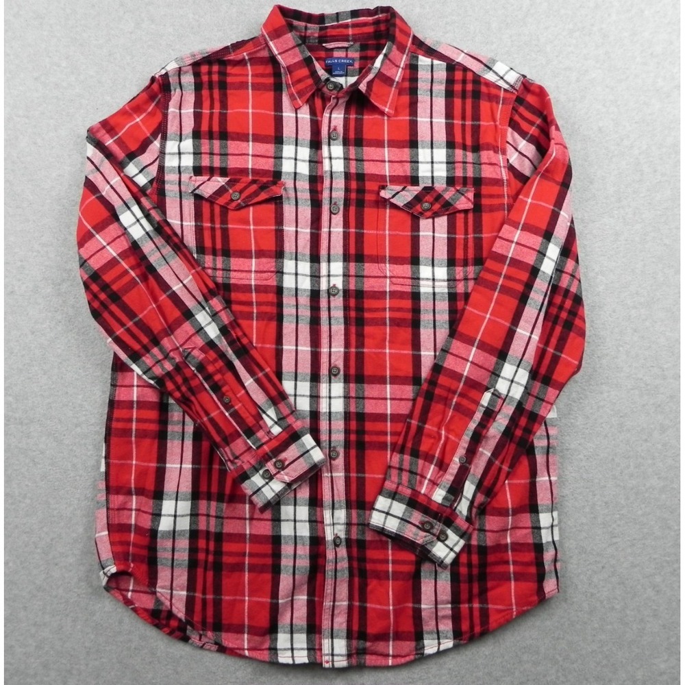 Falls Creek Flannel Shirt Mens Large Utility Button Up Red Plaid Long Sleeve